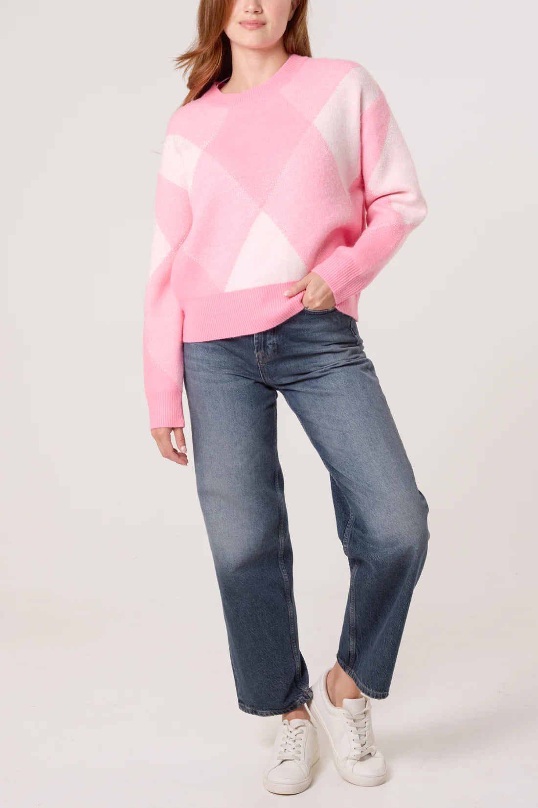 Isabella argyle knit jumper with embellished detail in pink