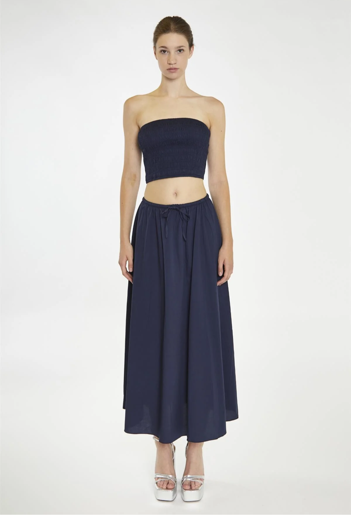 The navy cotton ruched bandeau top