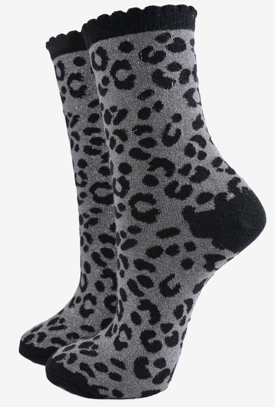 Leopard print sparkle socks in silver and black