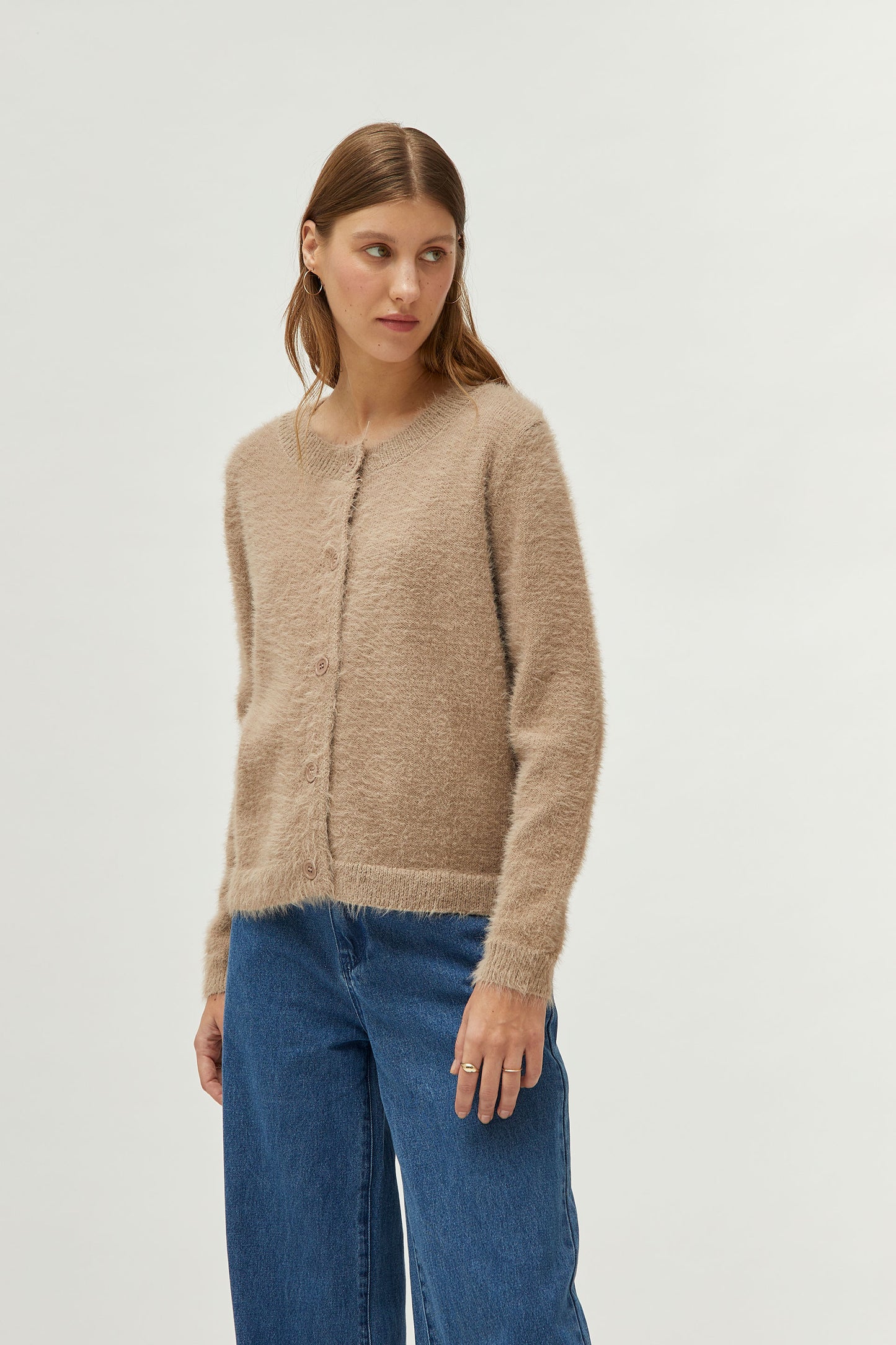 The fluffy knit camel cardigan
