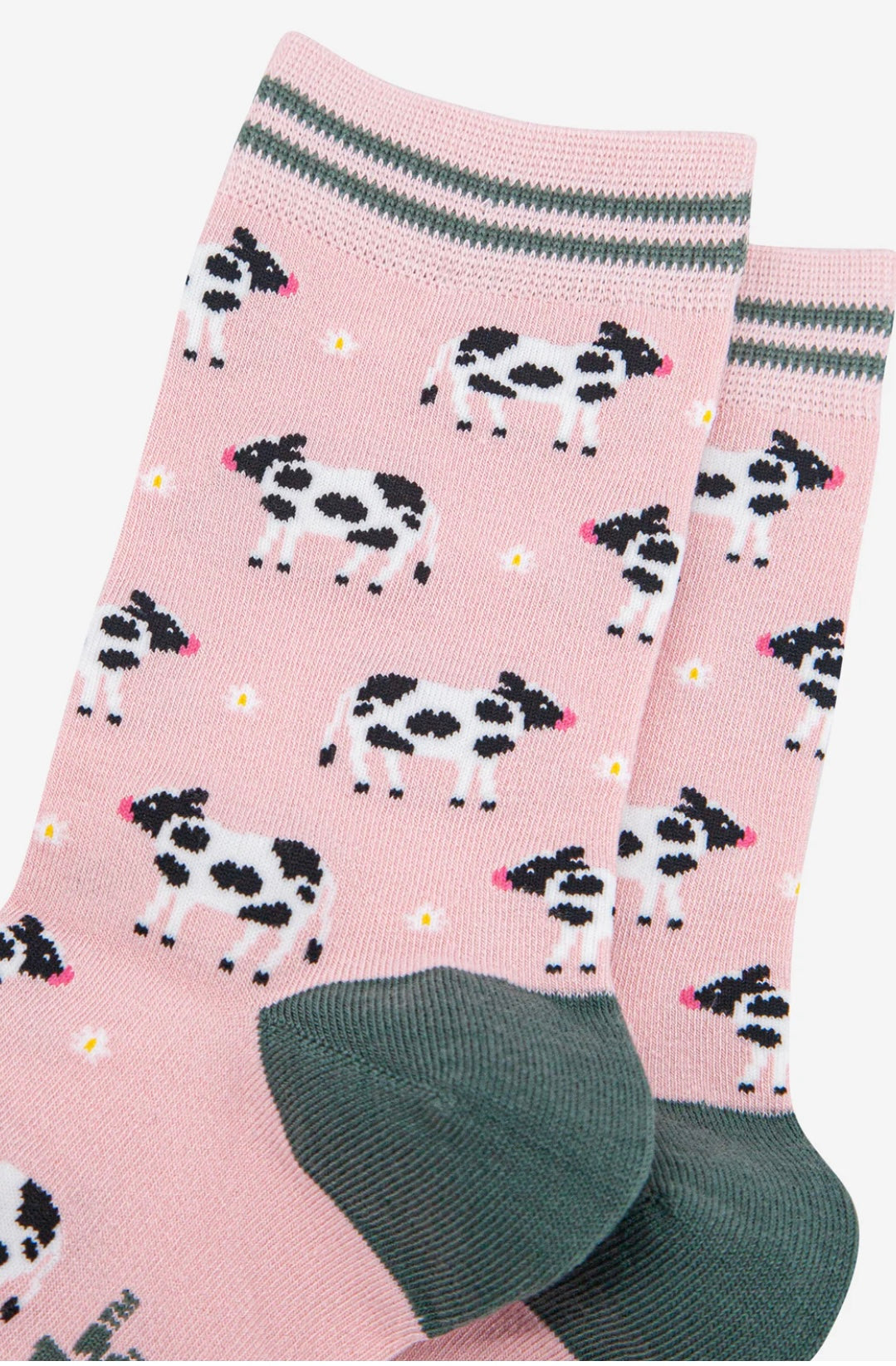 Cow socks in baby pink and green