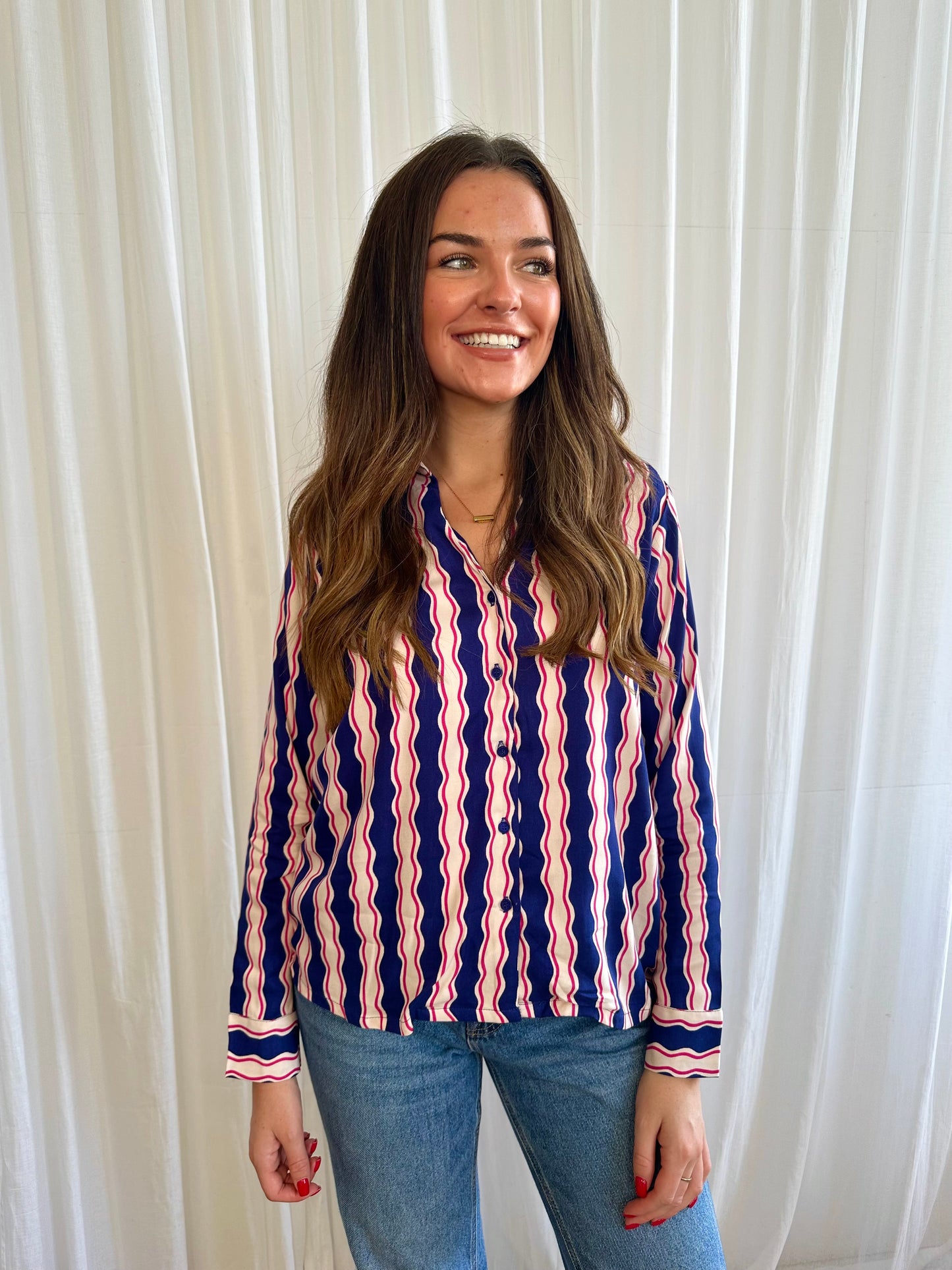 KATE navy and pink wavy print shirt style blouse
