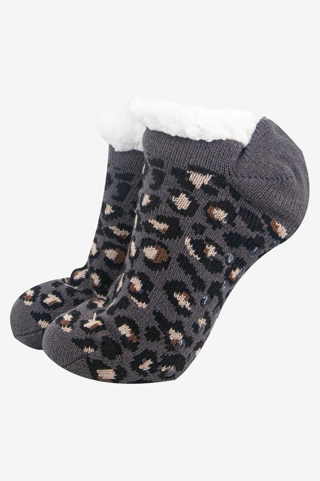 JEMMA leopard print slipper socks in charcoal
