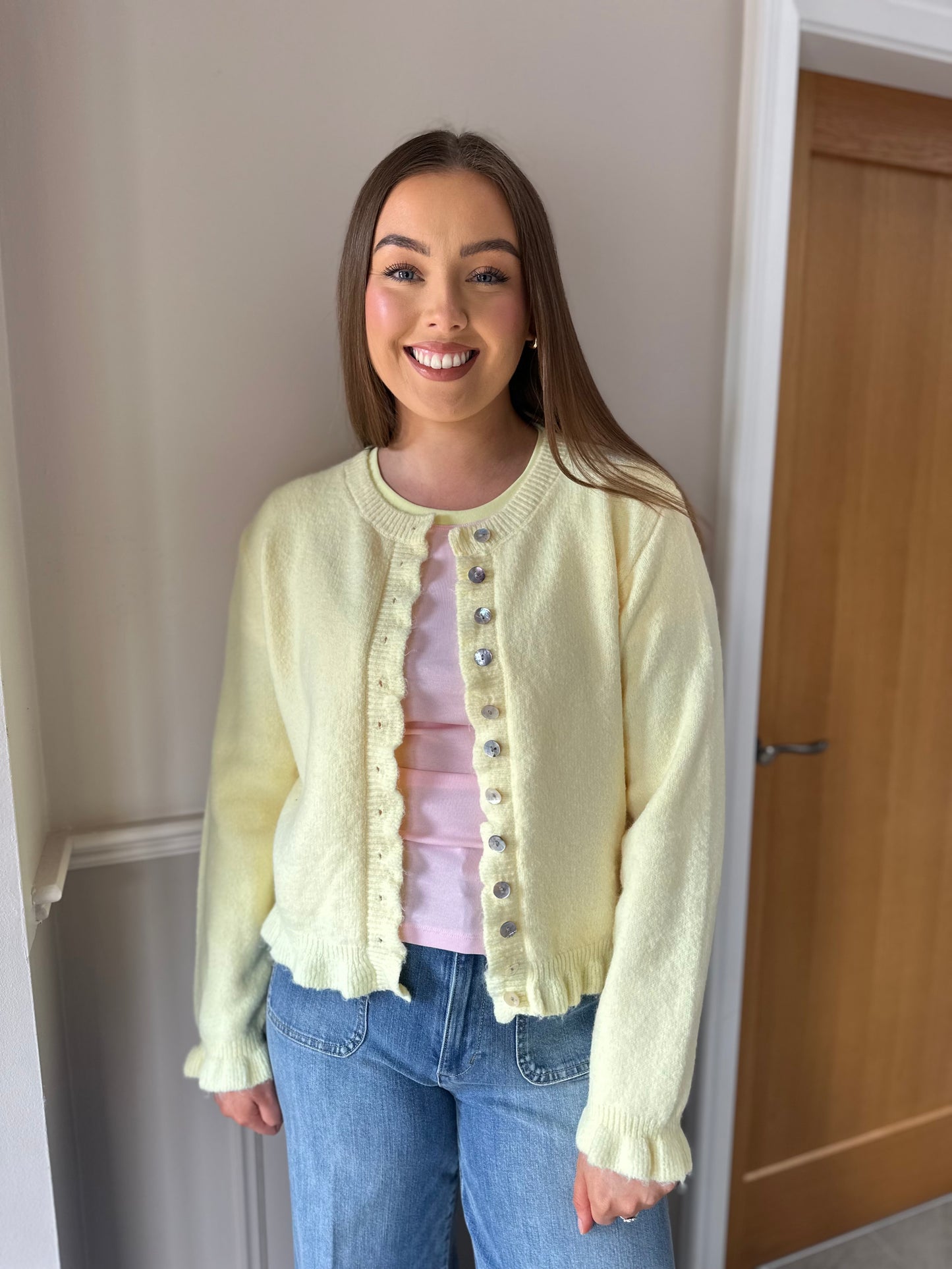 HELENA ruffle trim knit cardigan in lemon