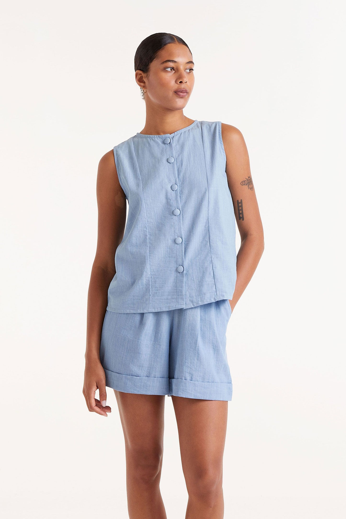 The KELLIE button front denim look top