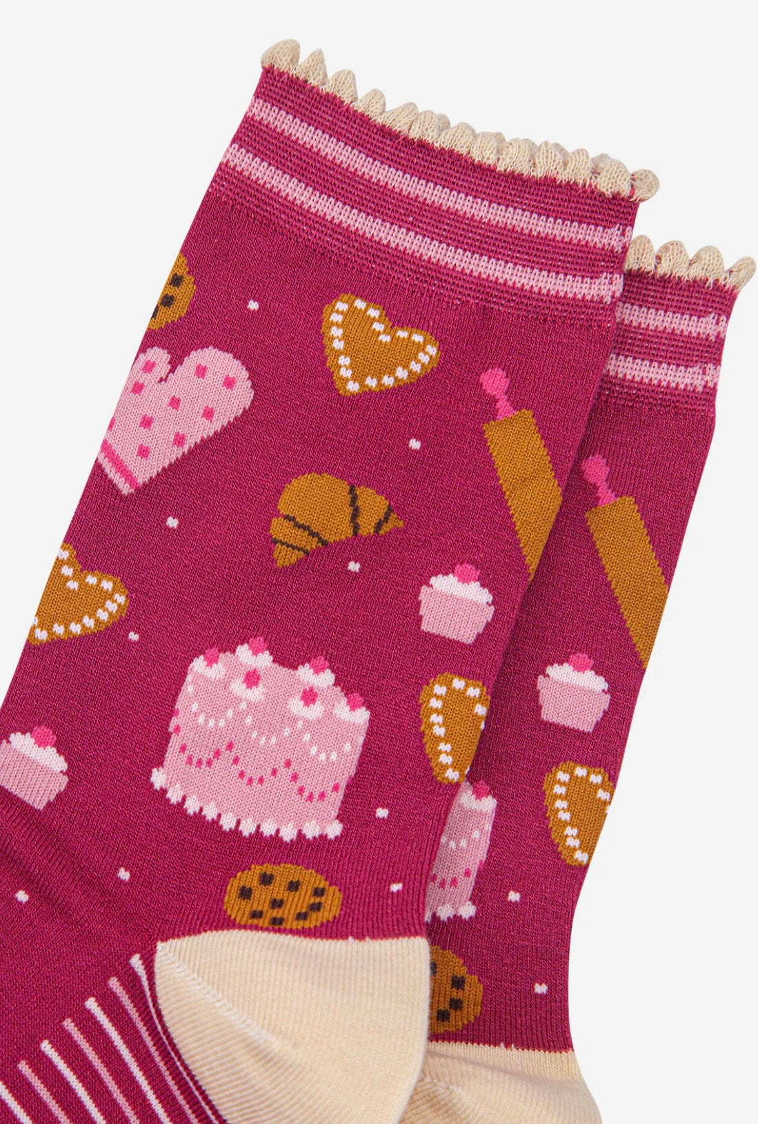 Cakes and croissant socks in raspberry pink