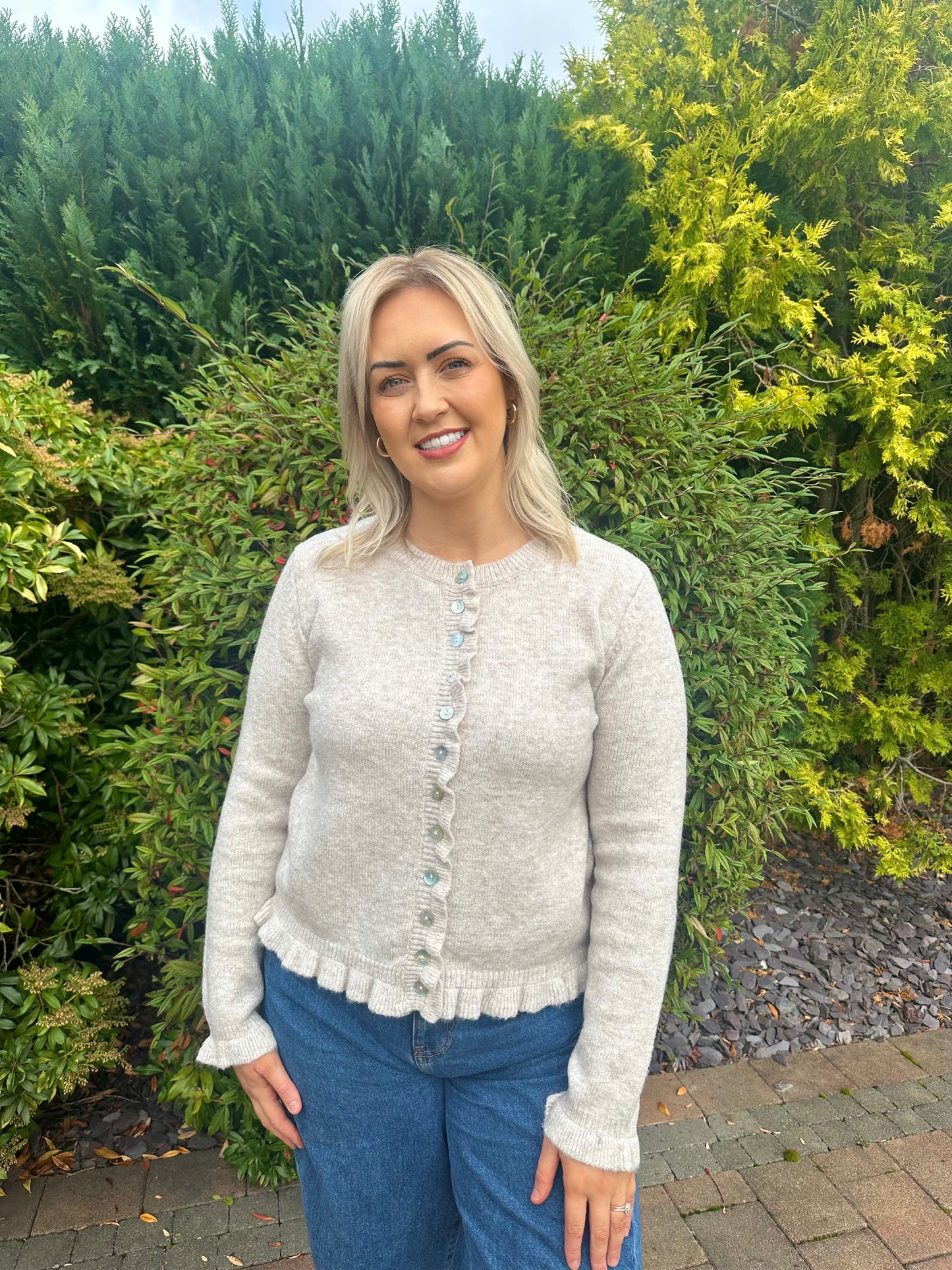 HELENA ruffle trim cardigan in stone