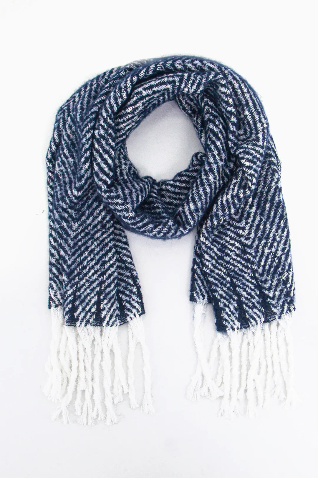 KATY navy herringbone soft tassel scarf