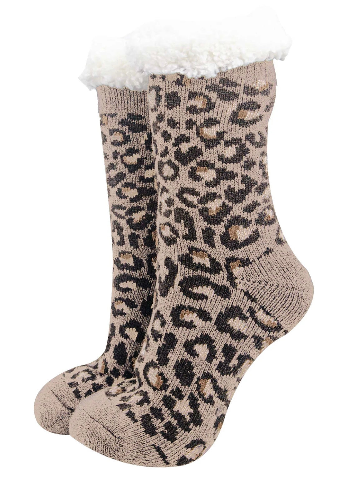 Cosy leopard print slipper socks in beige