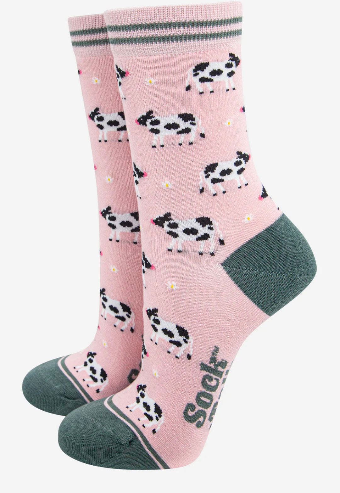 Cow socks in baby pink and green