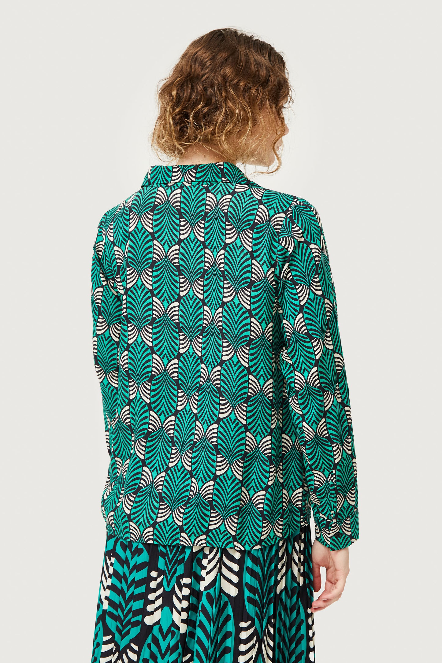 NESSA green and black abstract print shirt style blouse