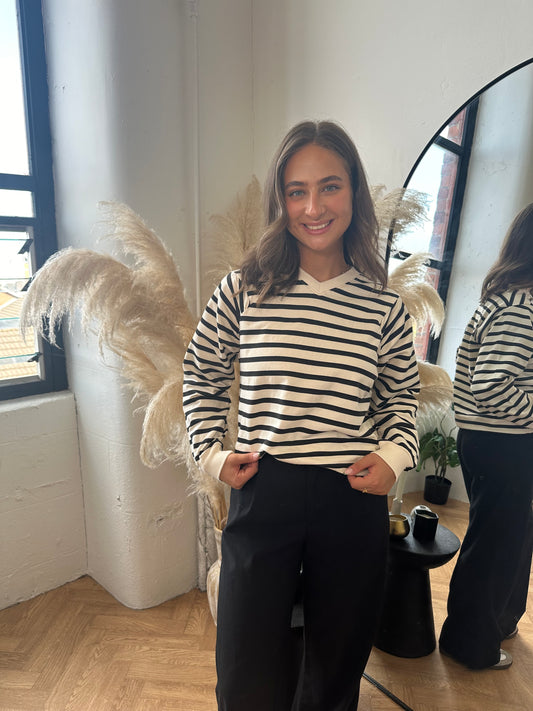KRISTINE black and ecru stripe v-neck sweatshirt