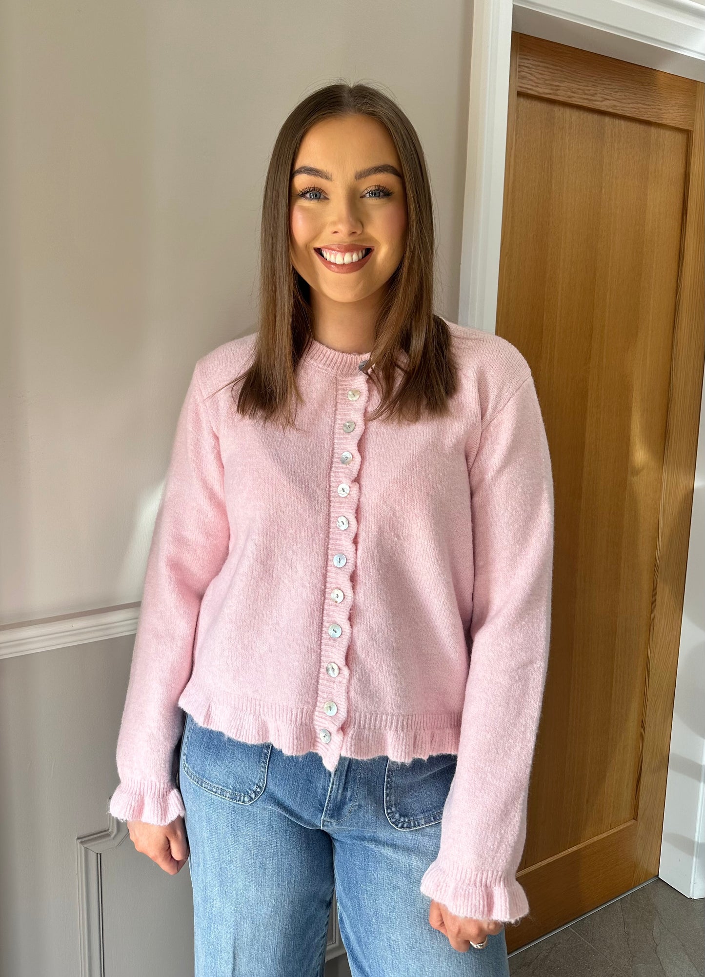 HELENA ruffle trim knit cardigan in pink