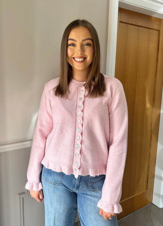 HELENA ruffle trim knit cardigan in pink