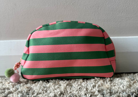 KATE stripe make up bag with Pom Pom detail in pink and green