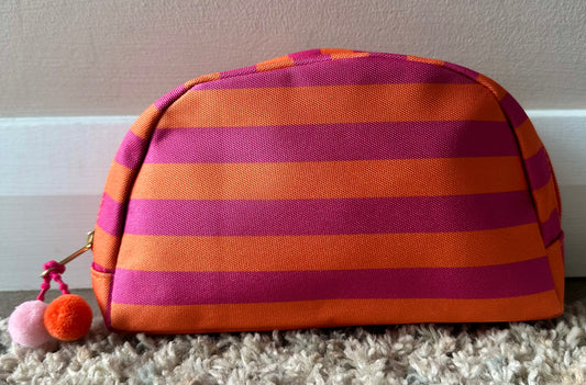 KATE stripe make up bag with Pom Pom detail in pink and orange