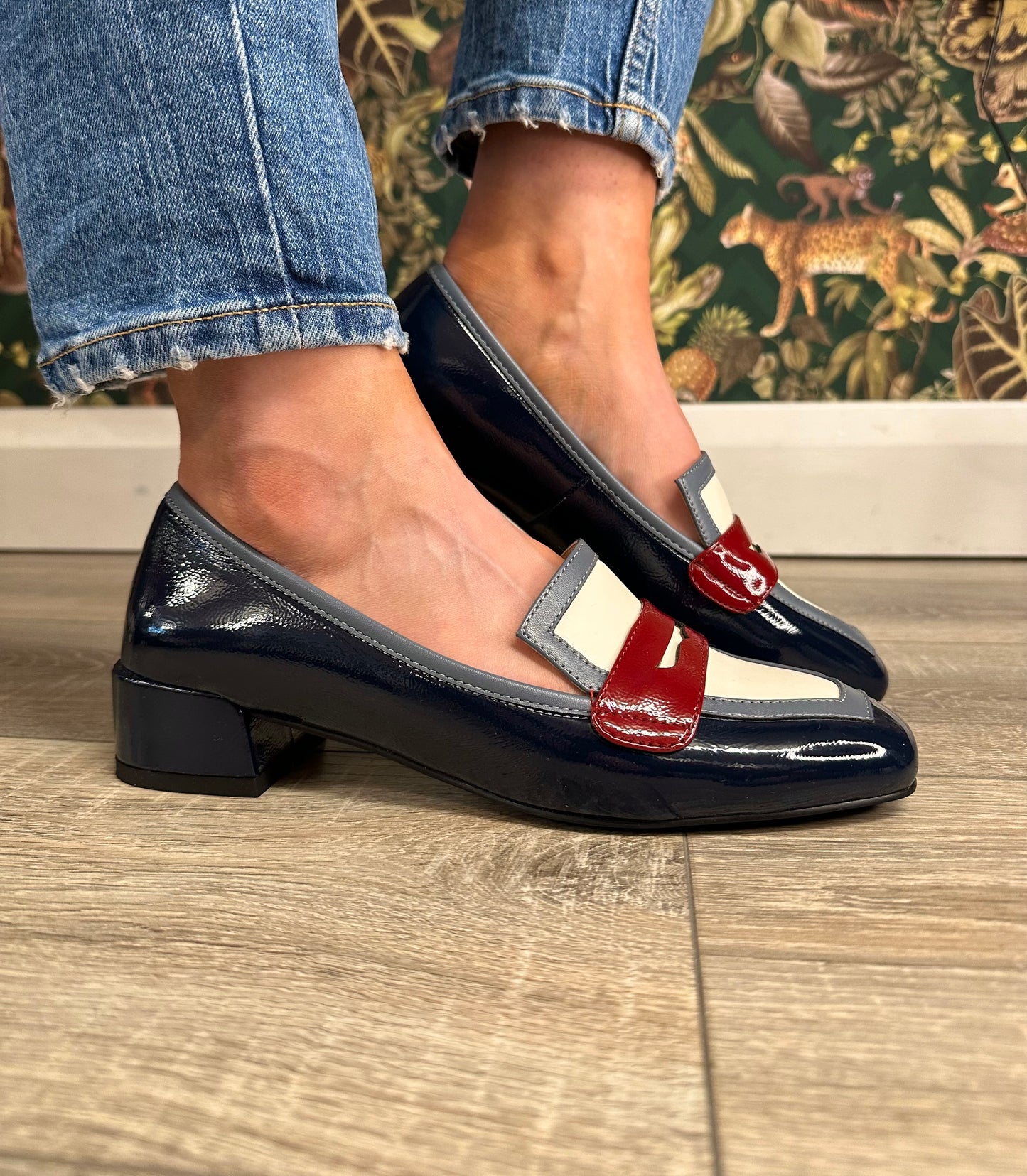 The navy blue patent colour block shoe with red and white detailing from Dancing Matilda