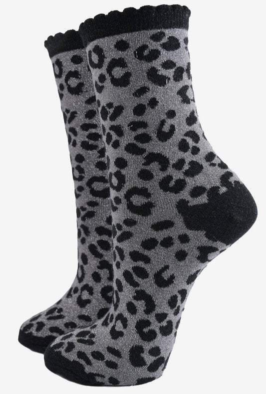 Leopard print sparkle socks in silver and black