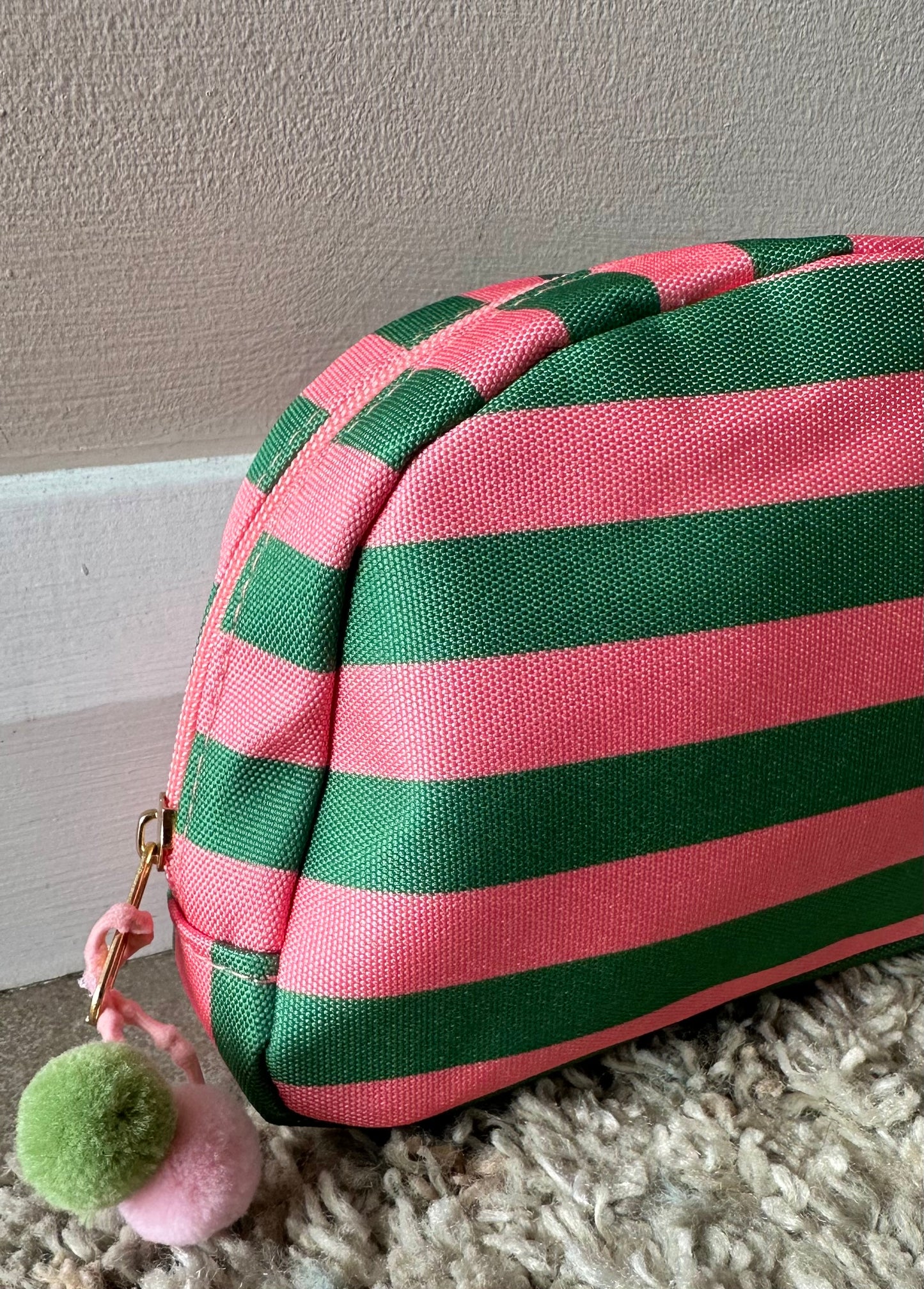 KATE stripe make up bag with Pom Pom detail in pink and green