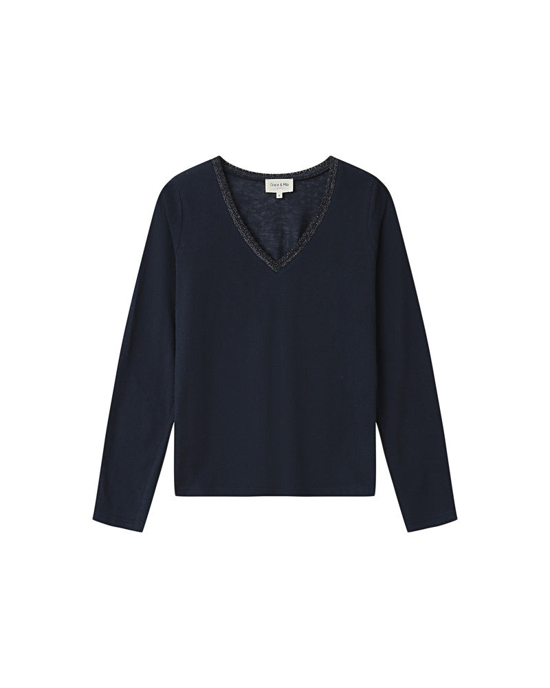 The MARINA navy long sleeve v-back top