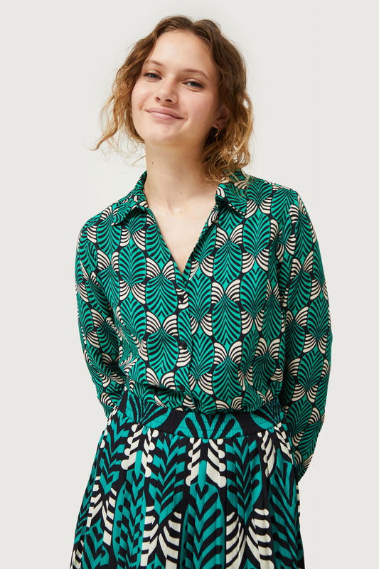 NESSA green and black abstract print shirt style blouse