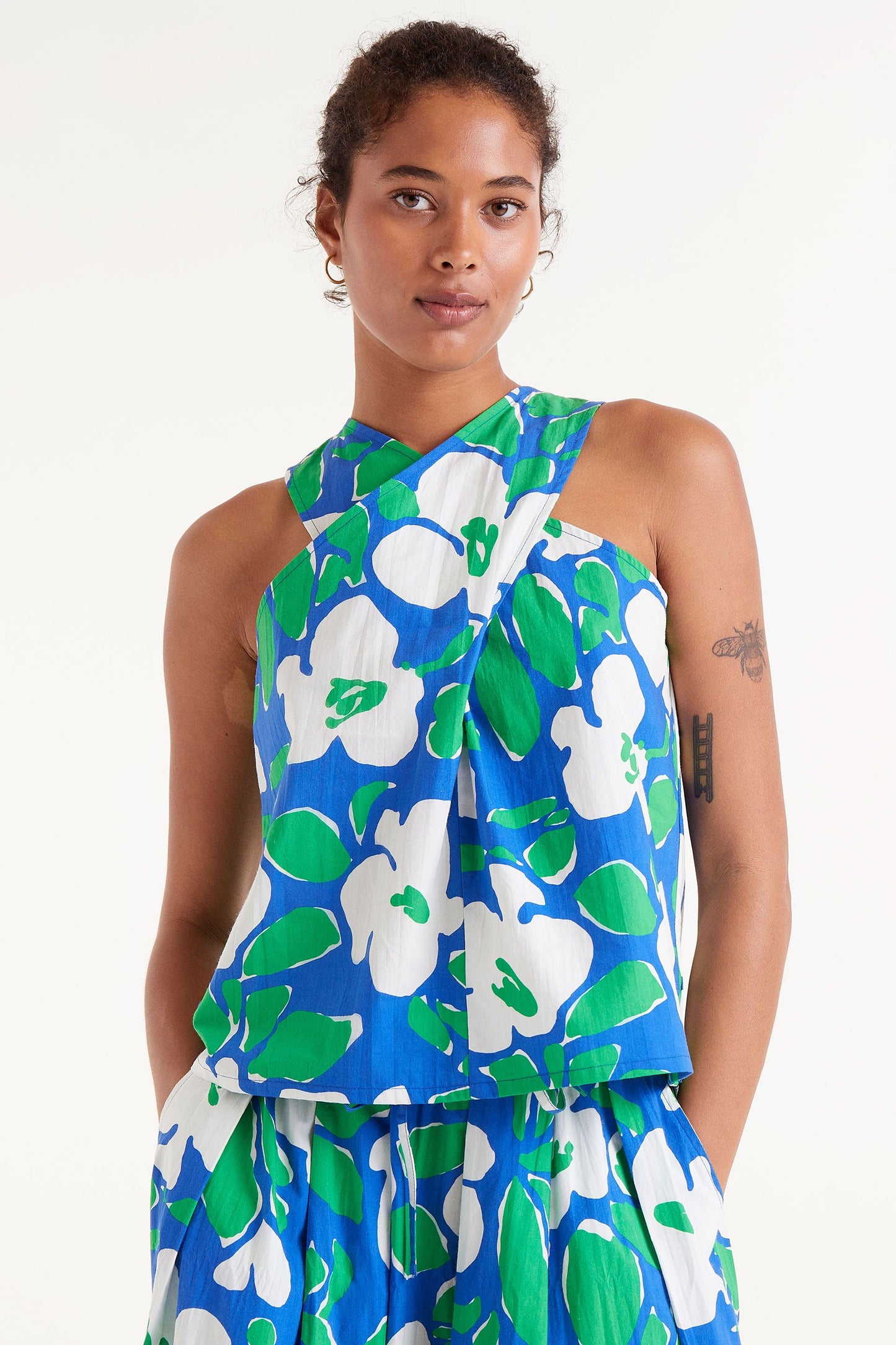 MANDI blue and green crossover top