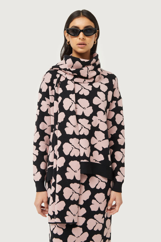 The pink and black floral knit scarf