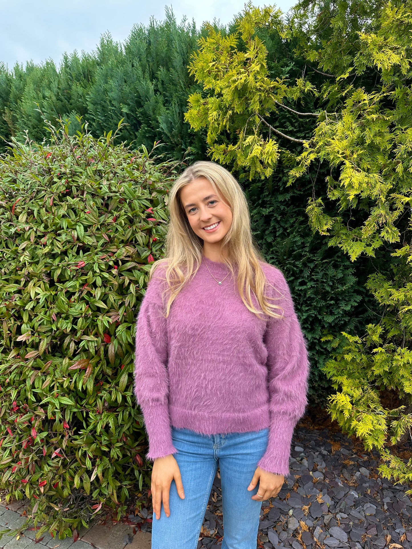 The mauve (pink) fluffy knit jumper
