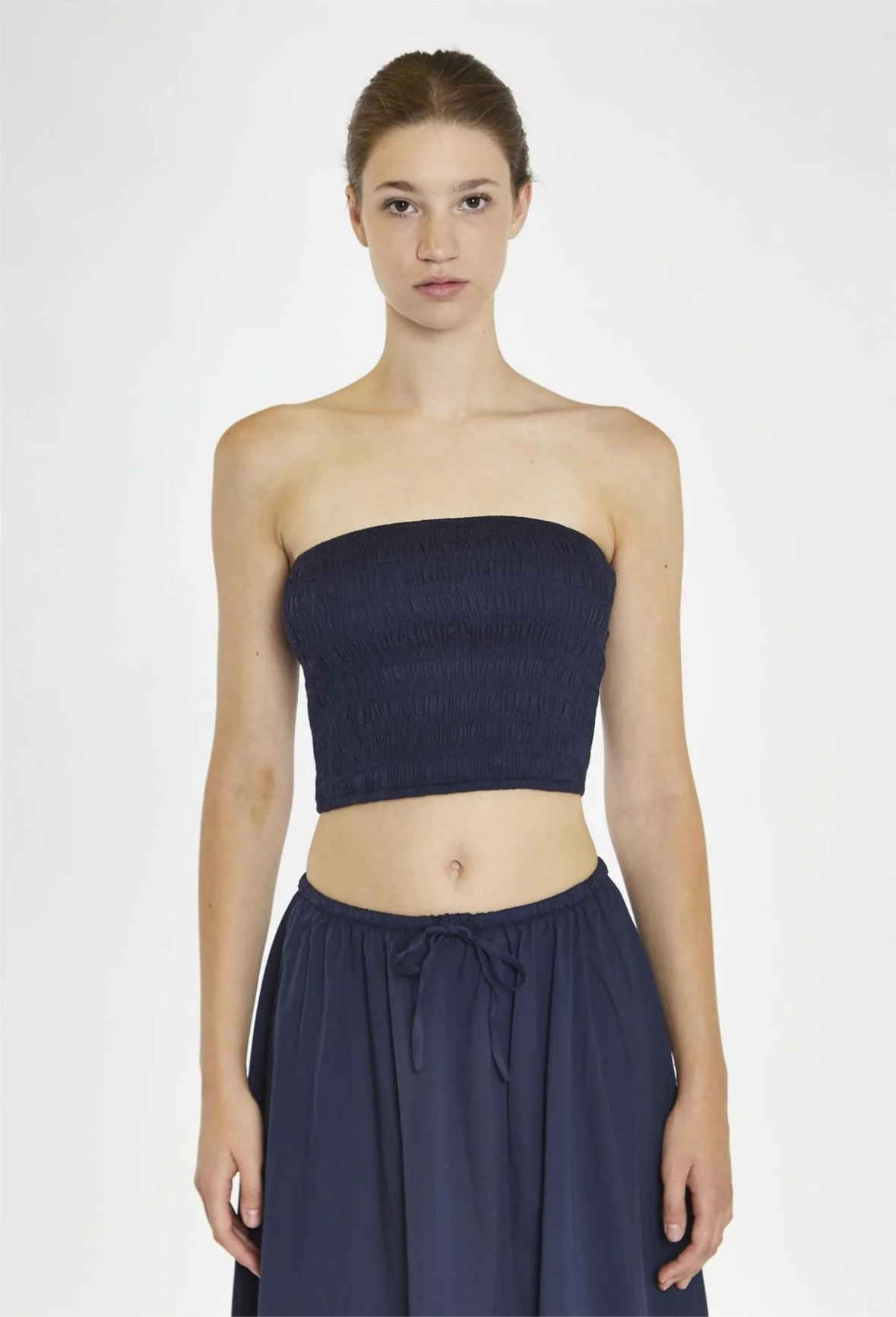 The navy cotton ruched bandeau top