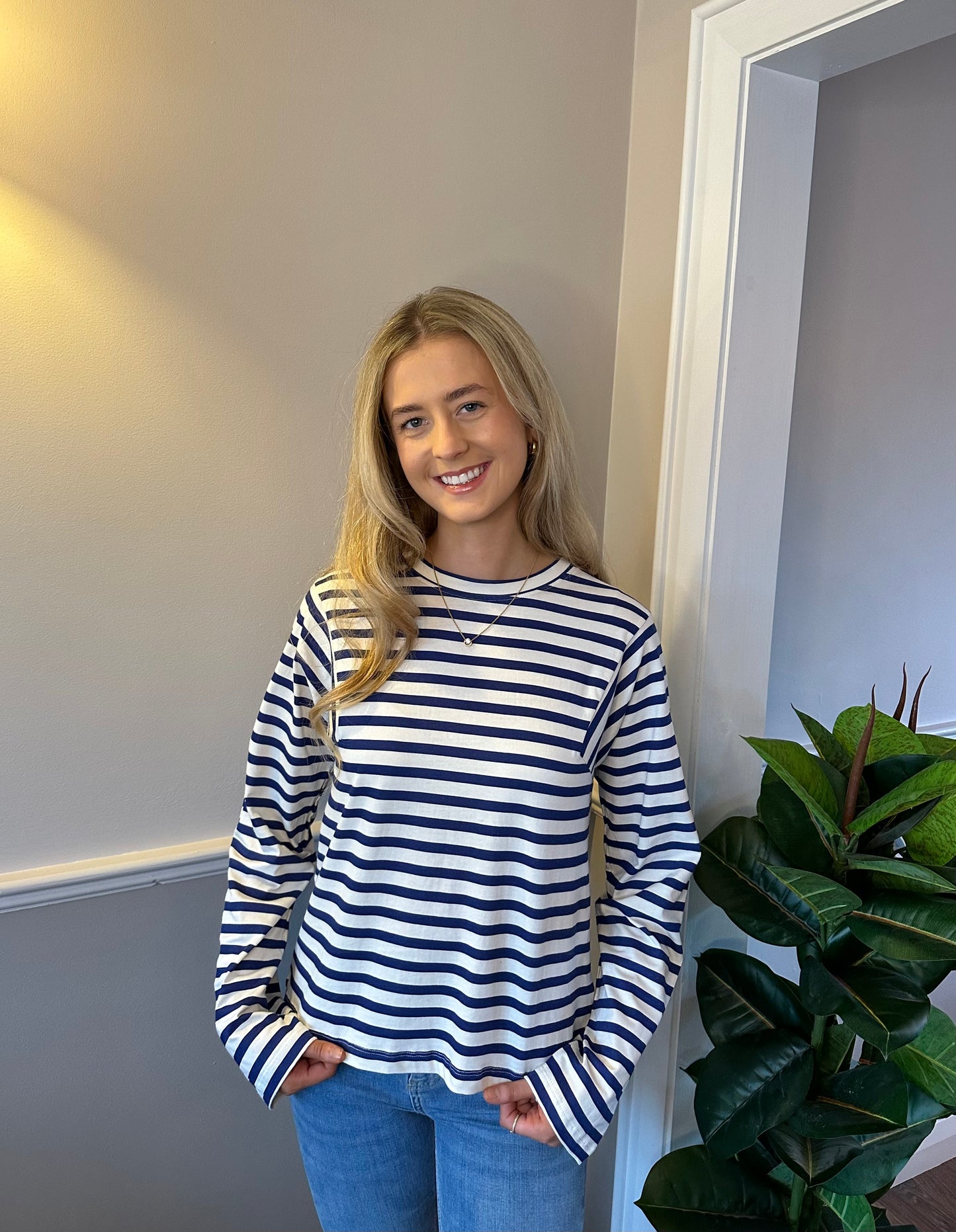 The navy stripe long sleeve top