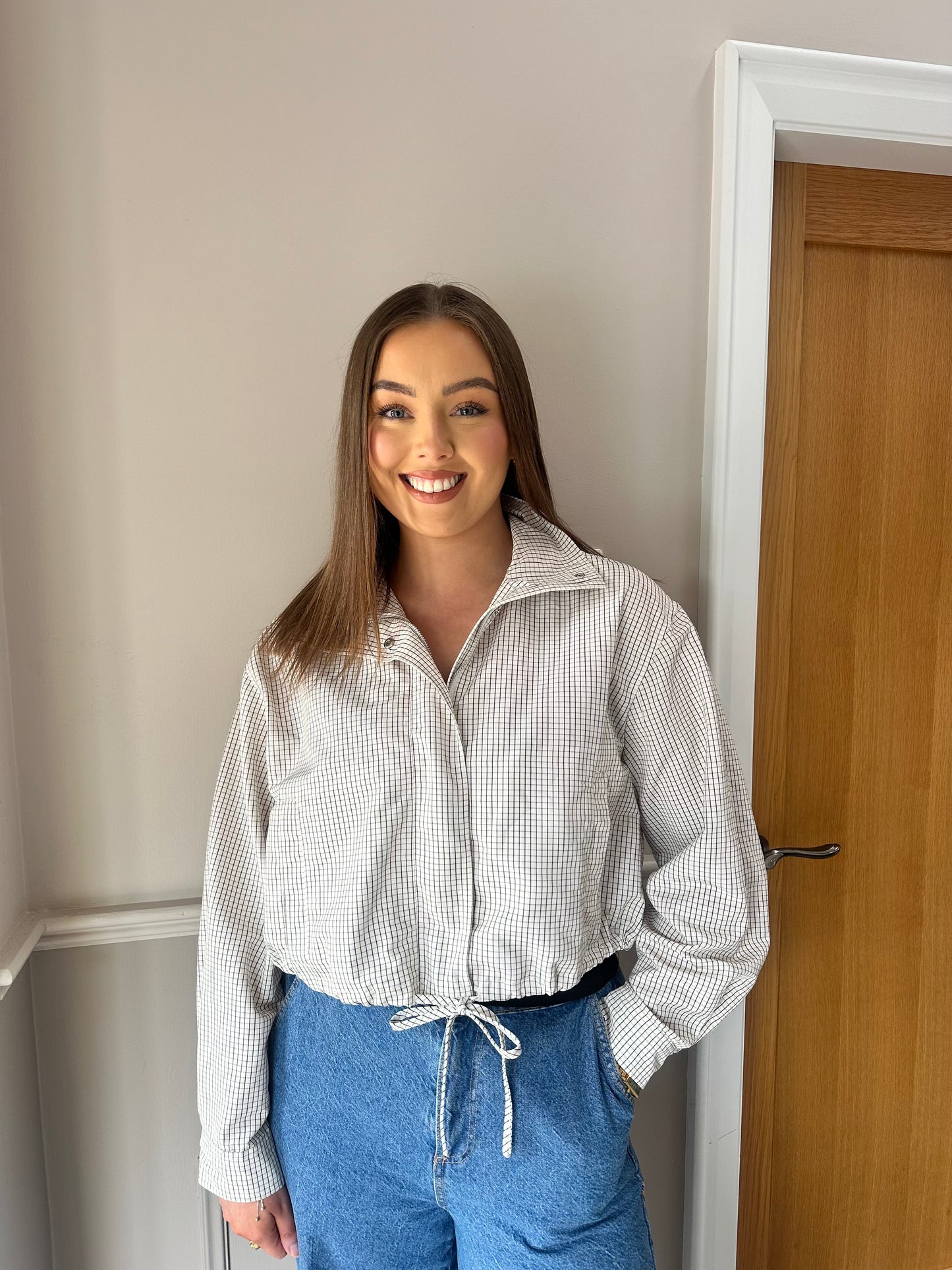 KIM funnel neck lightweight jacket in stone fine check