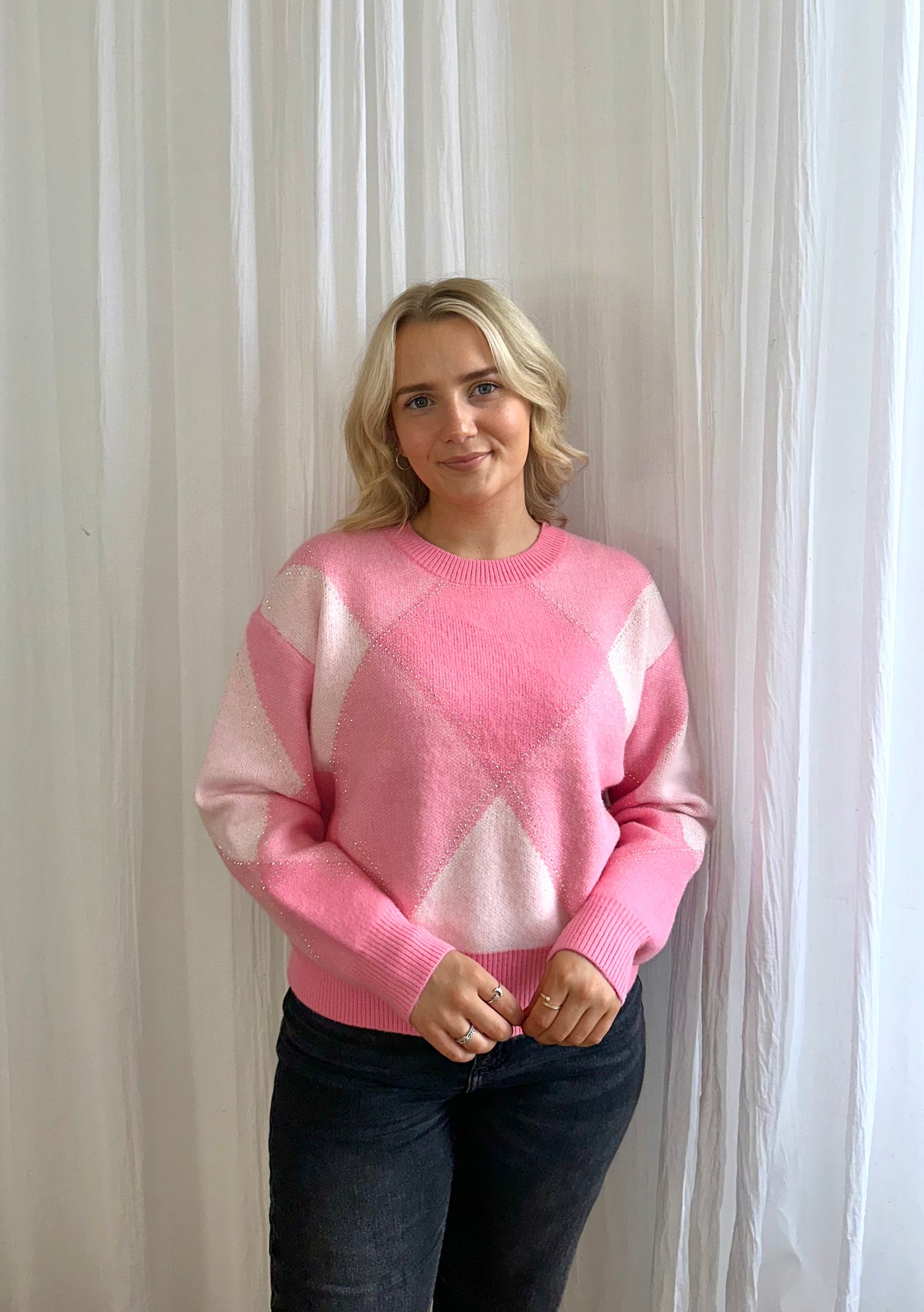 Isabella argyle knit jumper with embellished detail in pink