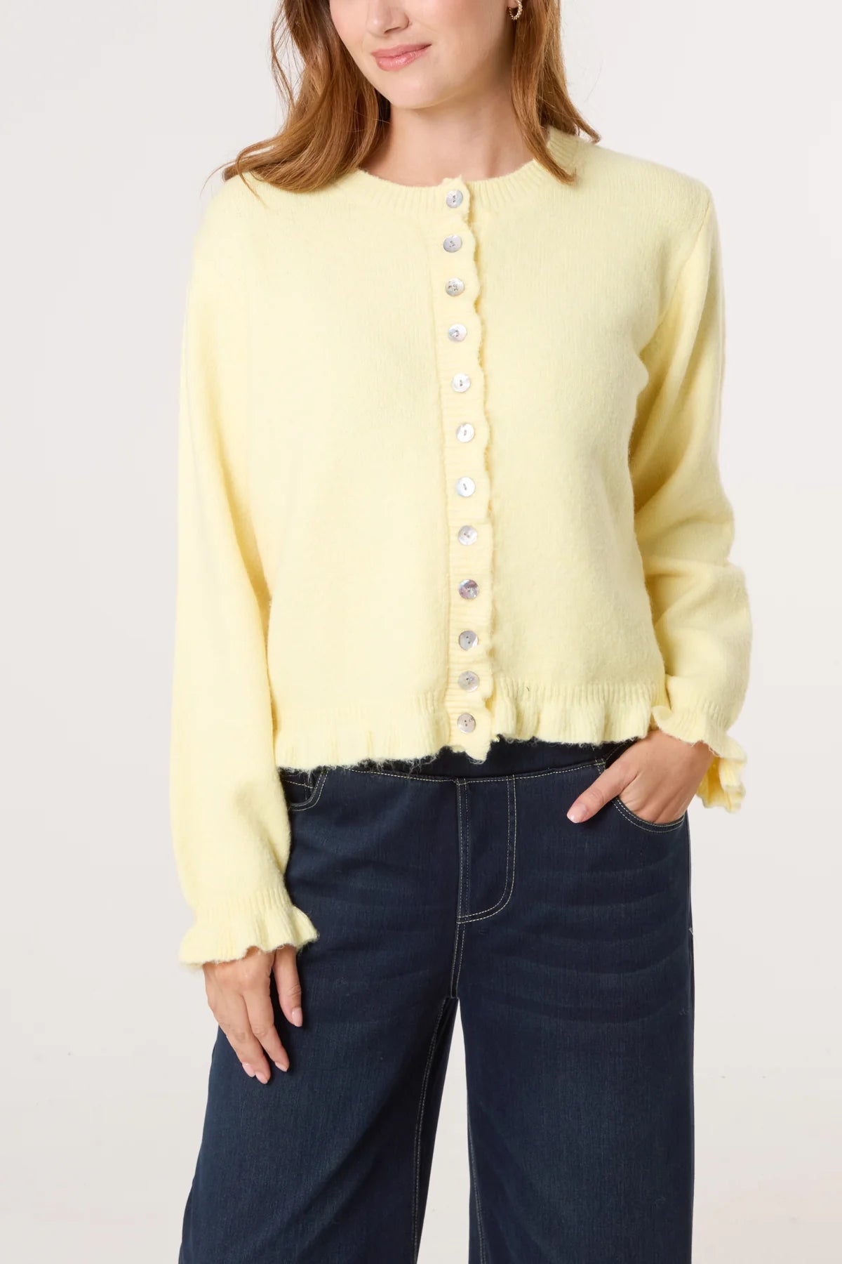 HELENA ruffle trim knit cardigan in lemon