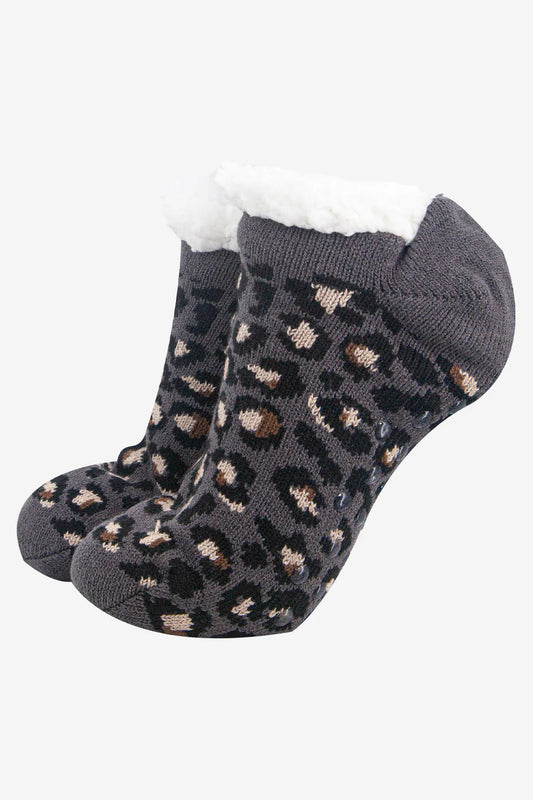 JEMMA leopard print slipper socks in charcoal