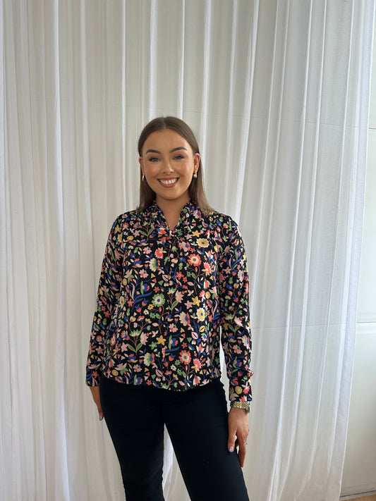 ANNA black floral tie neck detail blouse