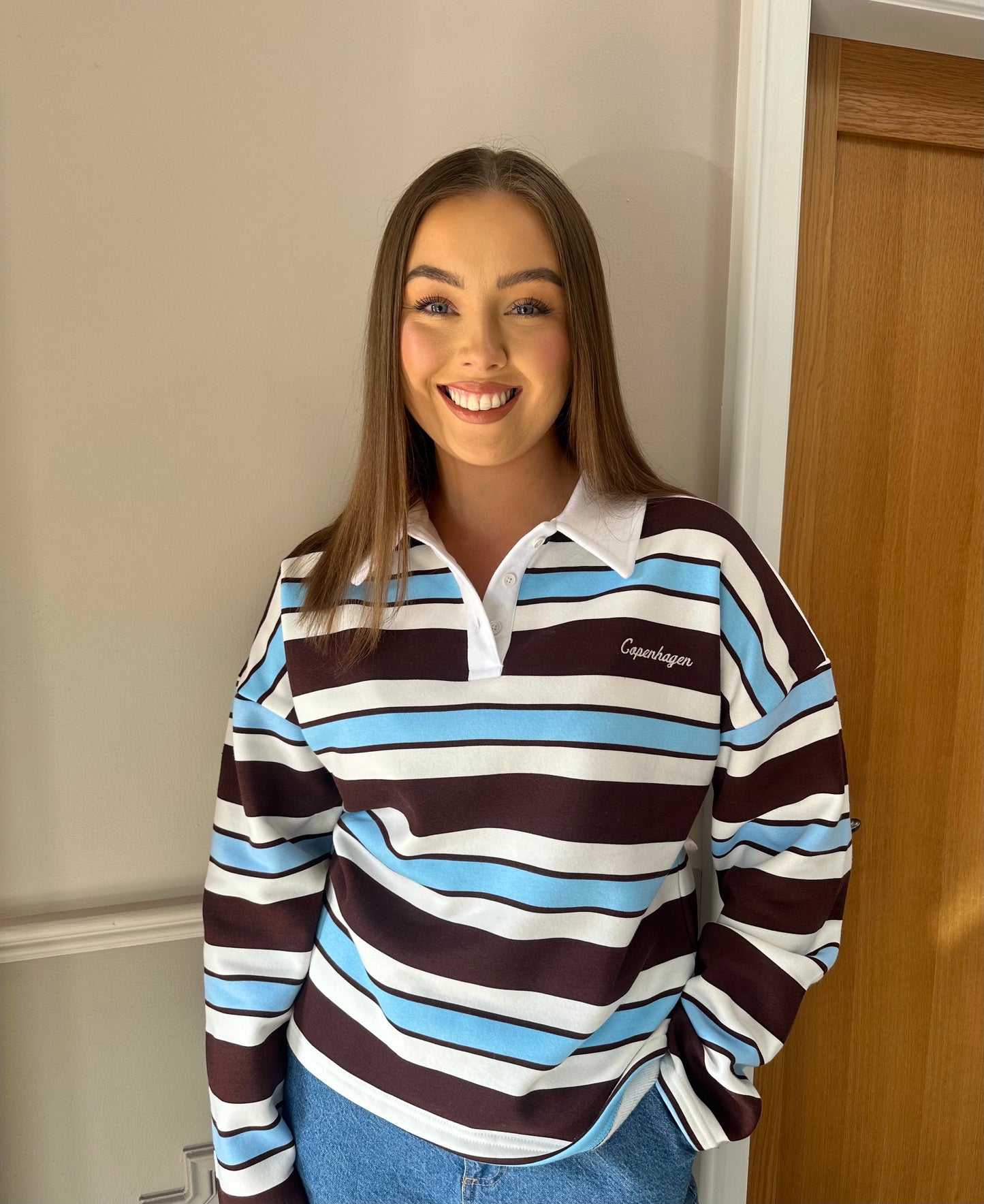 BRIA stripe rugby collared sweatshirt in brown