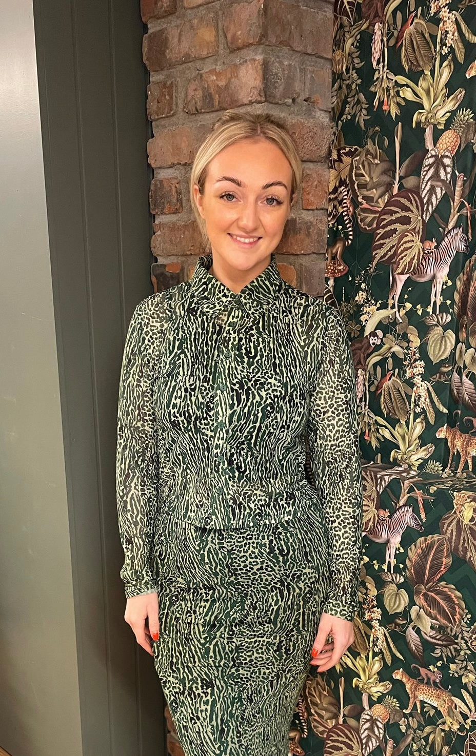 JOSIE green leopard mesh shirt top