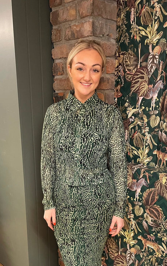 JOSIE green leopard mesh shirt top