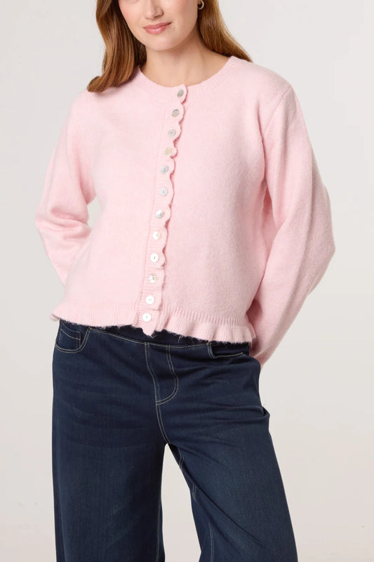 HELENA ruffle trim knit cardigan in pink