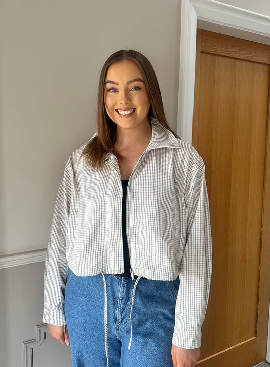 KIM funnel neck lightweight jacket in stone fine check