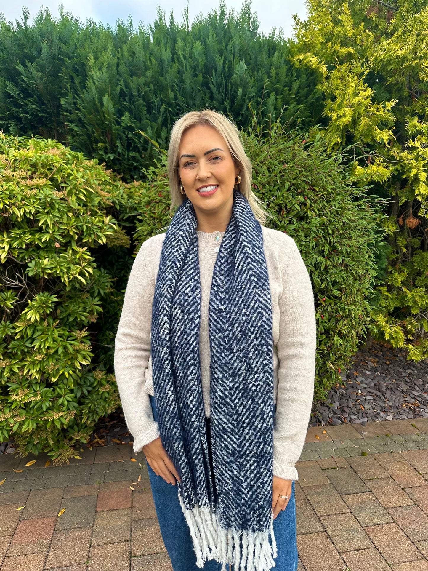 KATY navy herringbone soft tassel scarf