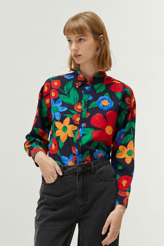 JUDITH navy multicolour floral shirt style blouse