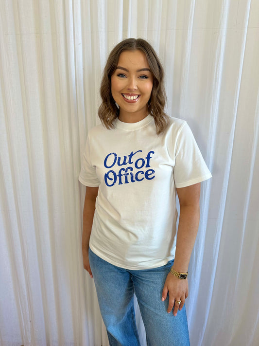 The OUT OF OFFICE white t-shirt with cobalt blue graphic
