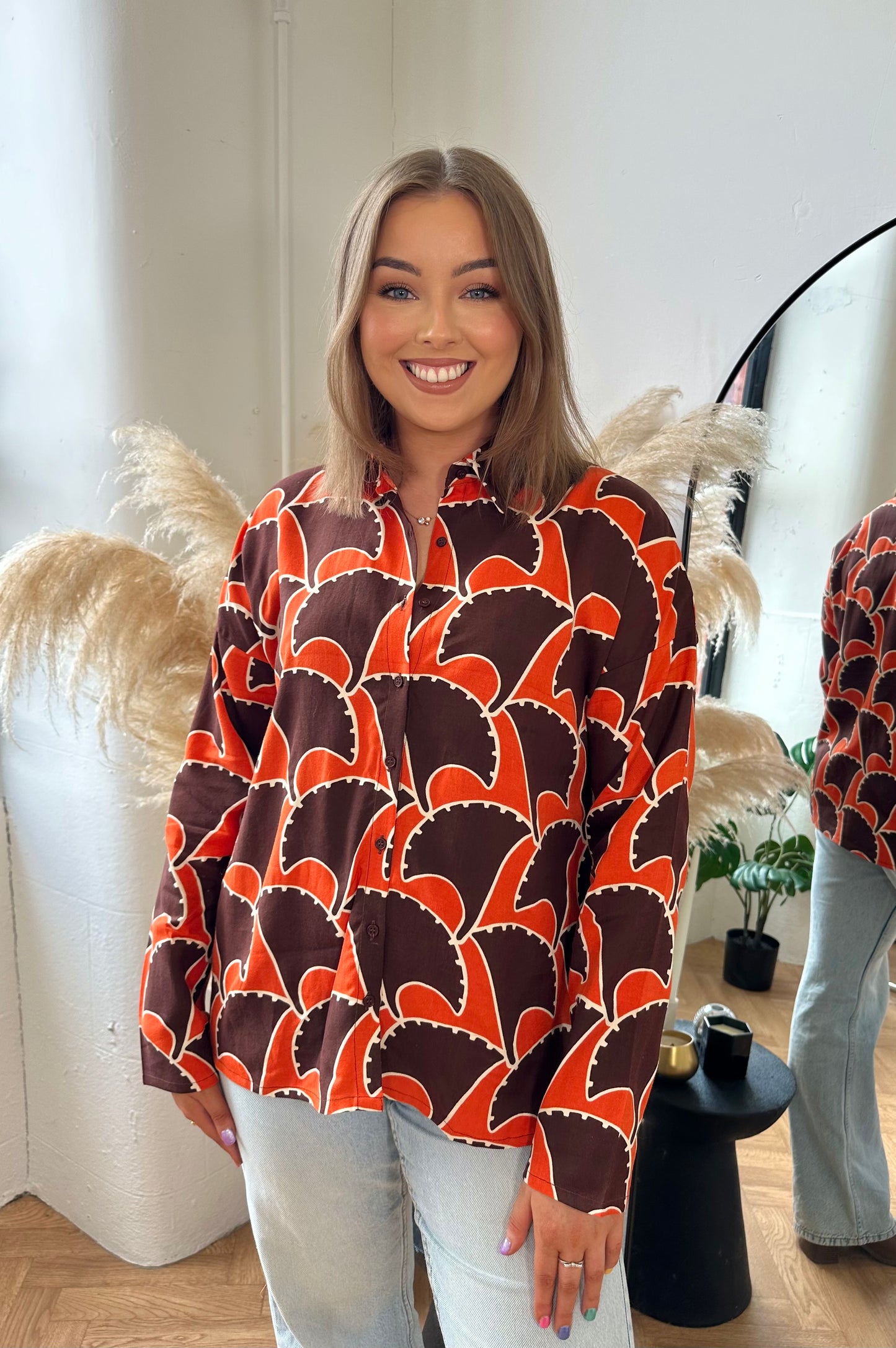 WREN orange and brown abstract shirt style blouse