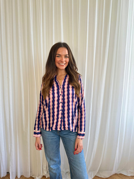 KATE navy and pink wavy print shirt style blouse