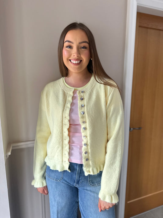 HELENA ruffle trim knit cardigan in lemon