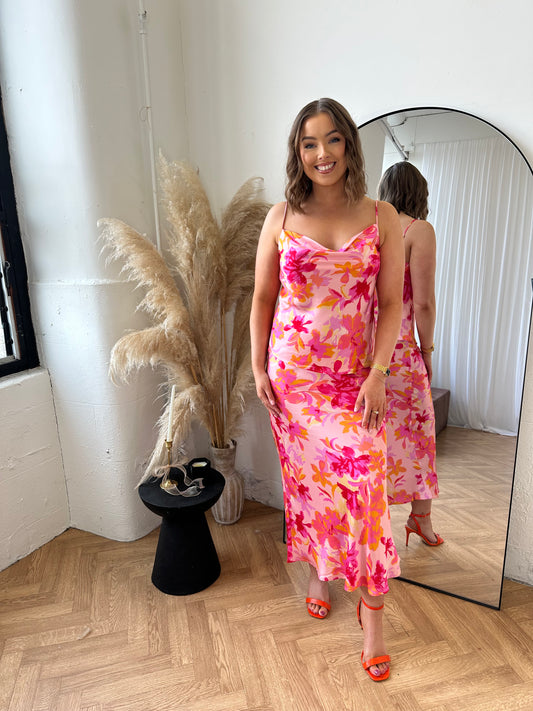 The pink floral ELSIE bias midi skirt