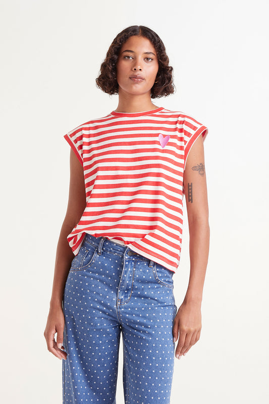 The SARA Red stripe t-shirt with pink heart embroidery detail
