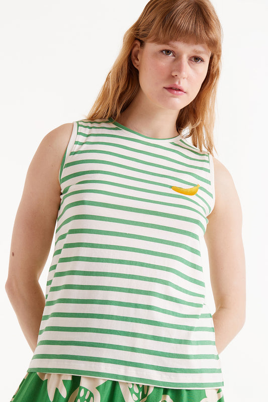 CECE green stripe tank top with banana embroidered motif