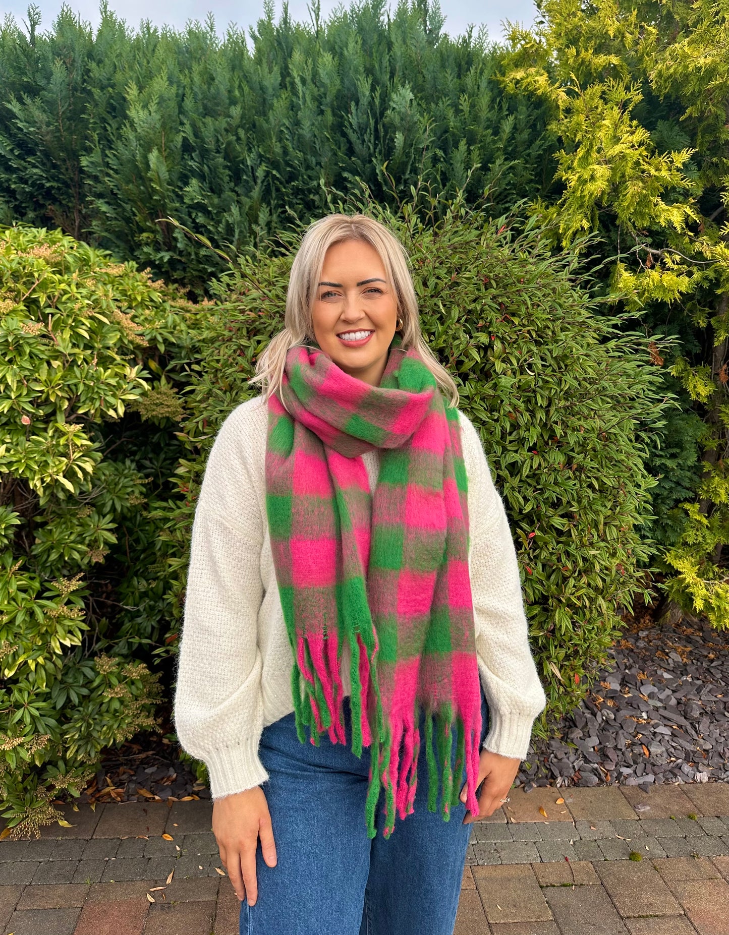 RACHEL square check scarf in green and pink